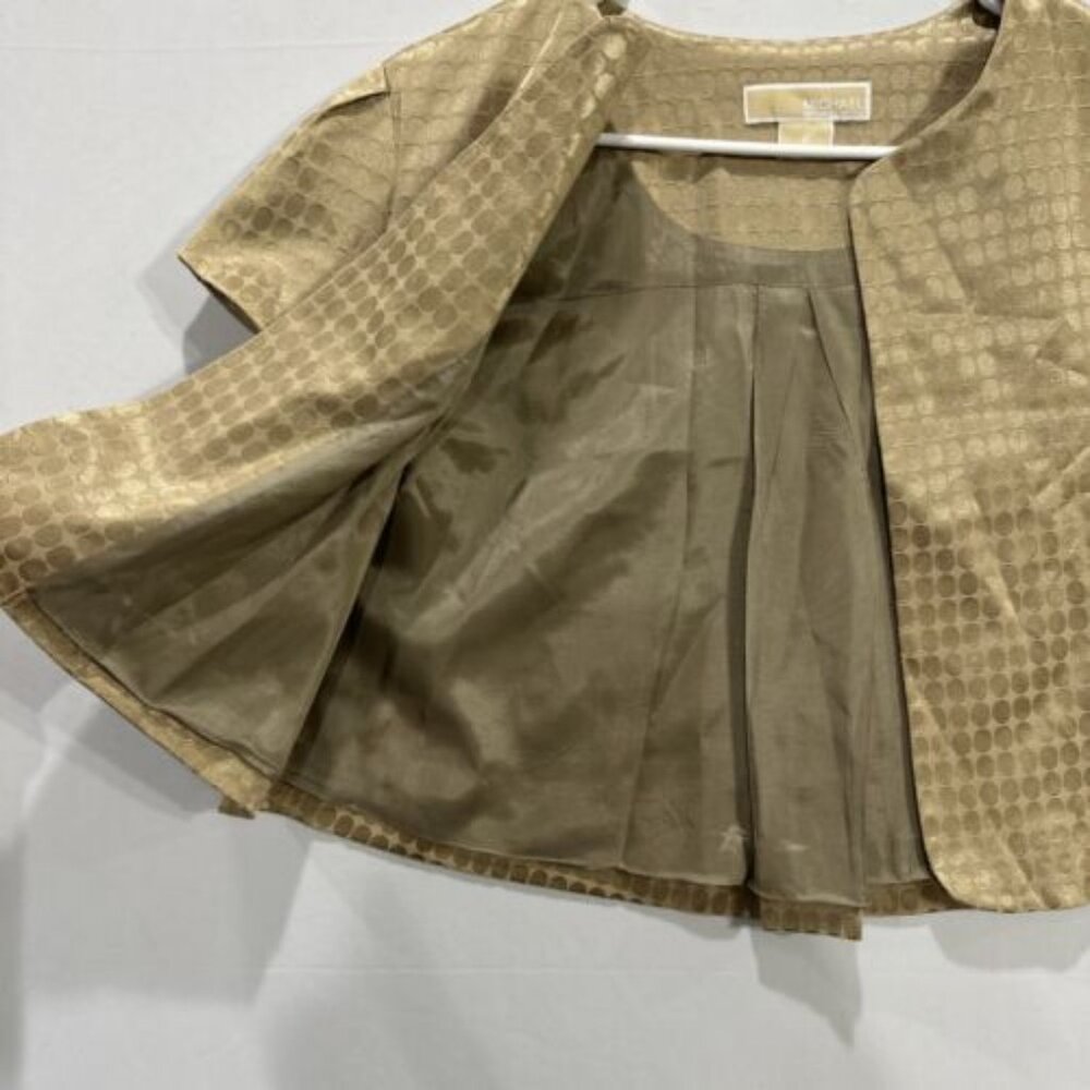 Michael Kors Short Sleeve Cropped Women’s 6 Open Front Gold Polka Dot Jacket - Picture 2 of 6